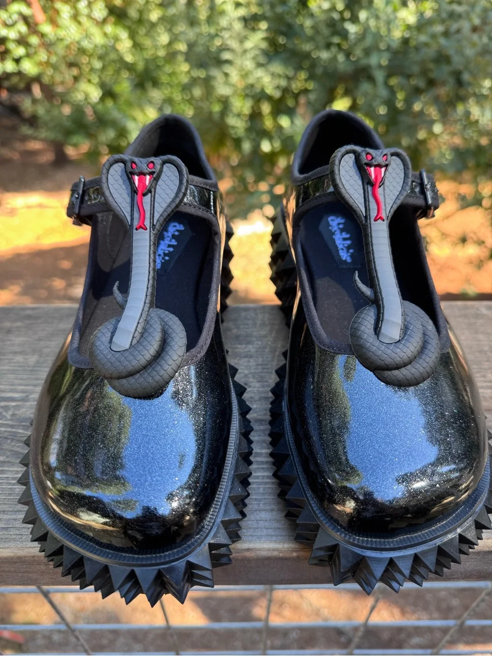 Choclaticas Black Cobra Patent Platform Mary Janes with Geometric Stud Sole
